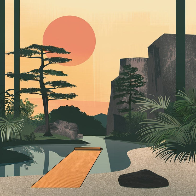 Japanese-style illustration of yoga mat around beautiful plants and a bright sun setting in the sky.