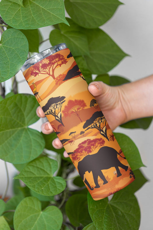 African Safari Sunset Tumbler, Elephant, Giraffe and Wildlife Silhouette at Sunset, Insulated Travel Mug, Unique Gift for Nature Lovers