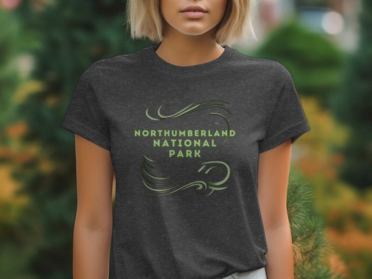 Boho Northumberland Nat'l Park Green Swirl Design T-Shirt, Nature Lover Tee, Eco-Friendly Shirt for Hiking