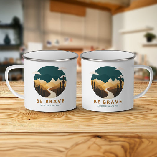 Be Brave Adventure Awaits Mug, Inspirational Nature Mountain Coffee Cup, Outdoors Hiking Camper Gift, Wilderness Explorer Mug