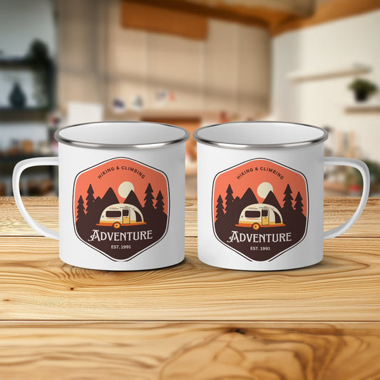 Adventure Hiking Climbing Camper Van Coffee Mug, Vintage Style Camping Enthusiast Gift, Outdoor Activity Sunrise Drinkware