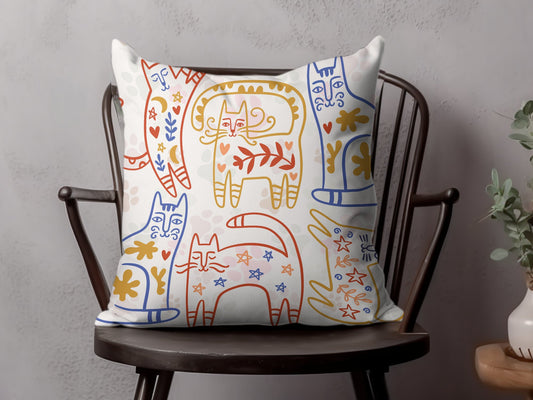 Whimsical Cat Pillow, Colorful Artistic Cat Illustrations, Home Decor Accent Pillow, Unique Gift for Cat Lovers