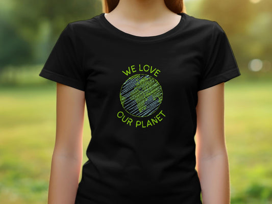 We Love Our Planet Earth Graphic T-Shirt, Eco-Friendly Green World Map Tee, Unisex Adult Clothing