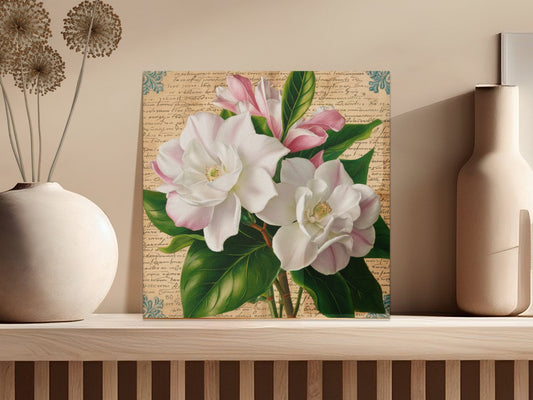 Vintage Botanical Magnolia Print, Antique Floral Wall Art Decor, Natural History, Ornate Script Background
