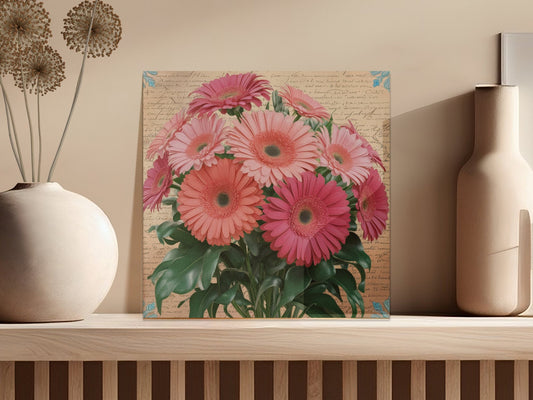 Vintage Floral Wall Art, Pink Gerbera Flowers on Antique Script Background, Botanical Print