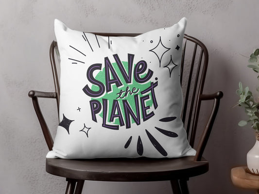 Save the Planet Eco-Friendly Slogan Pillow, Green and Purple Home Decor, Inspiring Quote Cushion