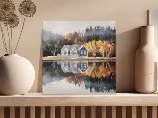 Autumn Lakeside Reflection Watercolor Painting, Forest Scenery Wall Art, Home Decor, Tranquil Nature Print, Fall Colors Landscape Artwork