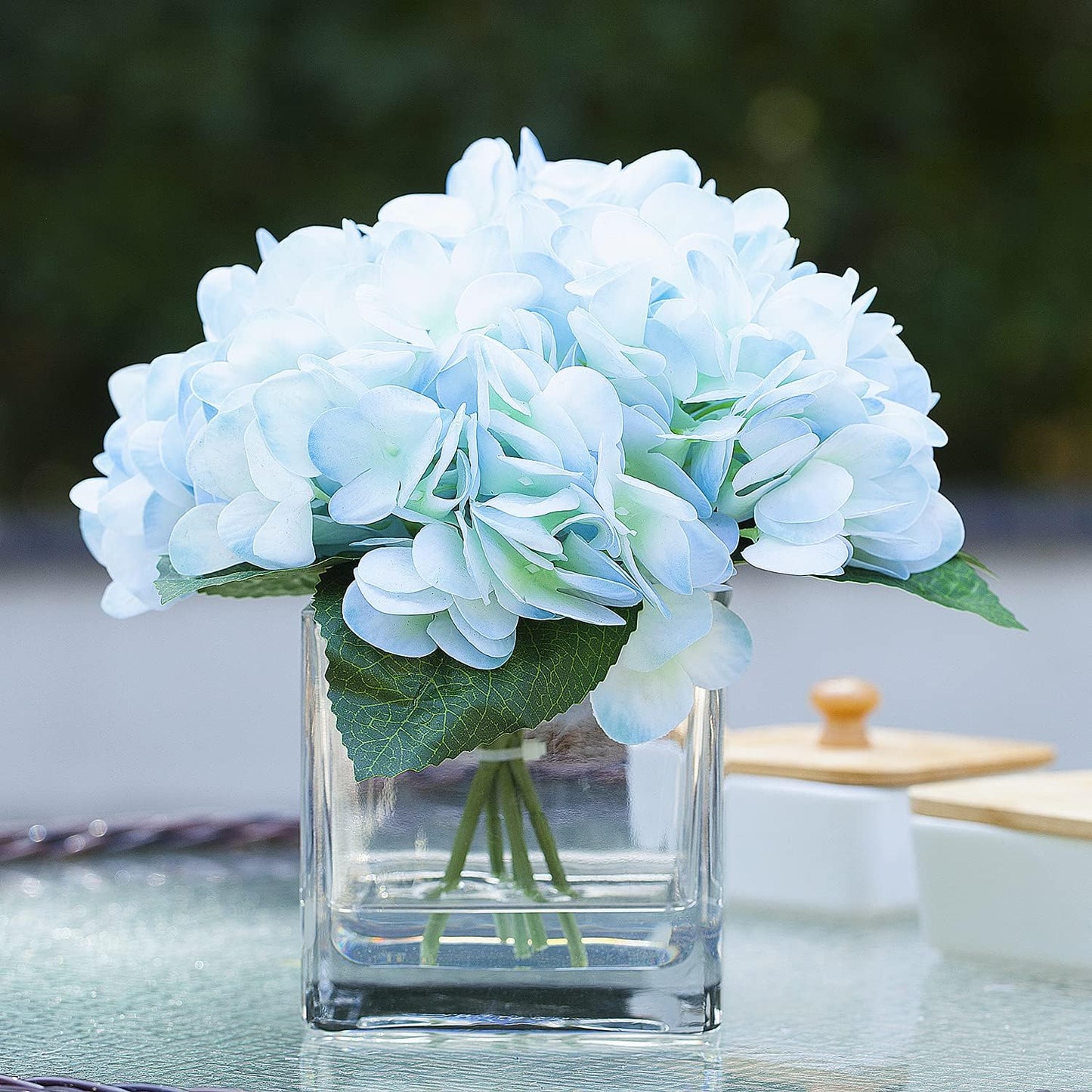 Stunning Blue Hydrangea Flower Arrangement in Elegant Cube Glass Vase with Faux Water - Perfect for Home or Office Decor