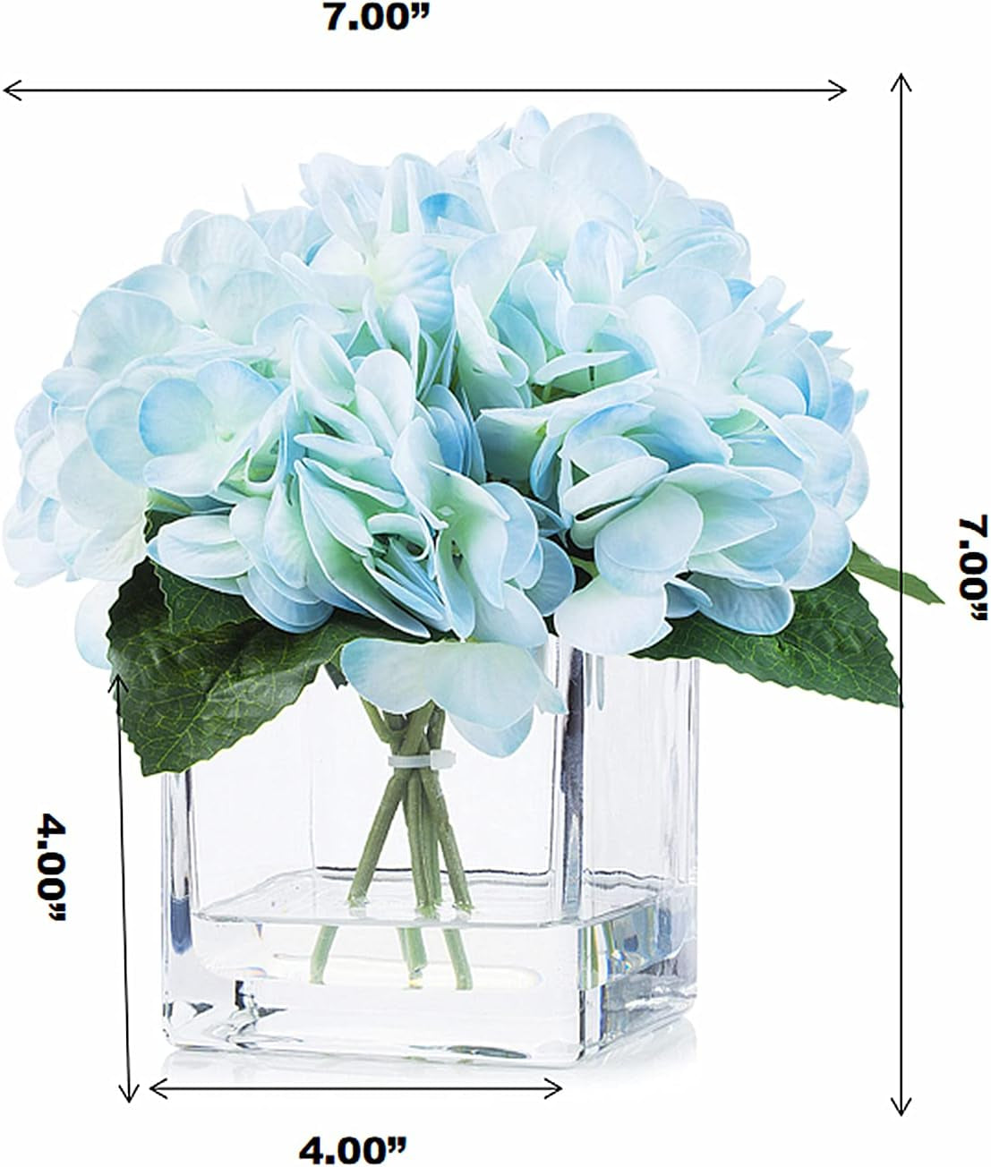 Stunning Blue Hydrangea Flower Arrangement in Elegant Cube Glass Vase with Faux Water - Perfect for Home or Office Decor