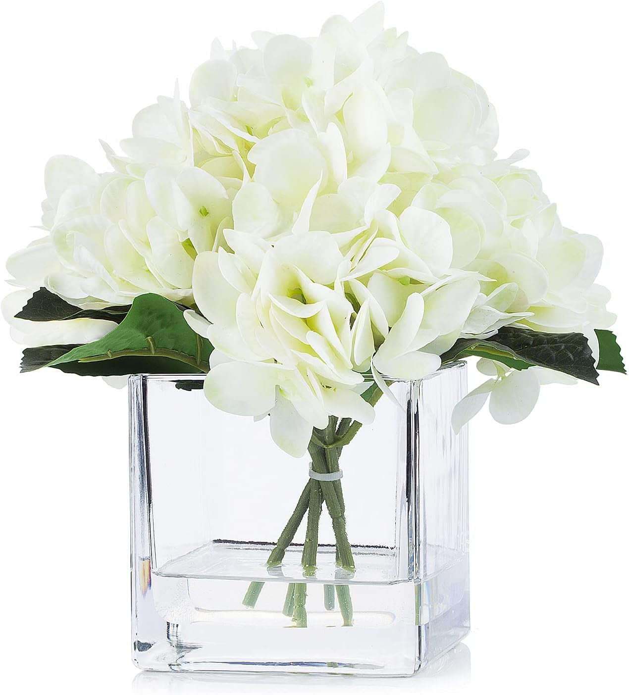 Stunning Blue Hydrangea Flower Arrangement in Elegant Cube Glass Vase with Faux Water - Perfect for Home or Office Decor