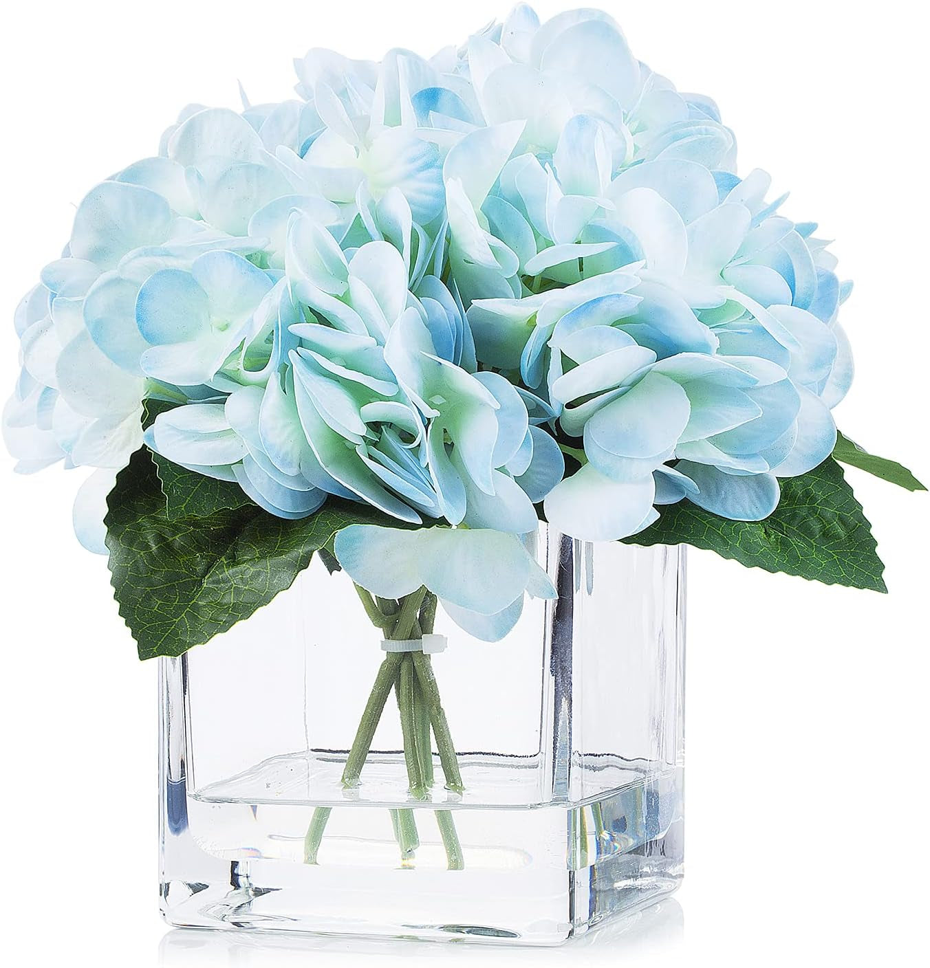 Stunning Blue Hydrangea Flower Arrangement in Elegant Cube Glass Vase with Faux Water - Perfect for Home or Office Decor